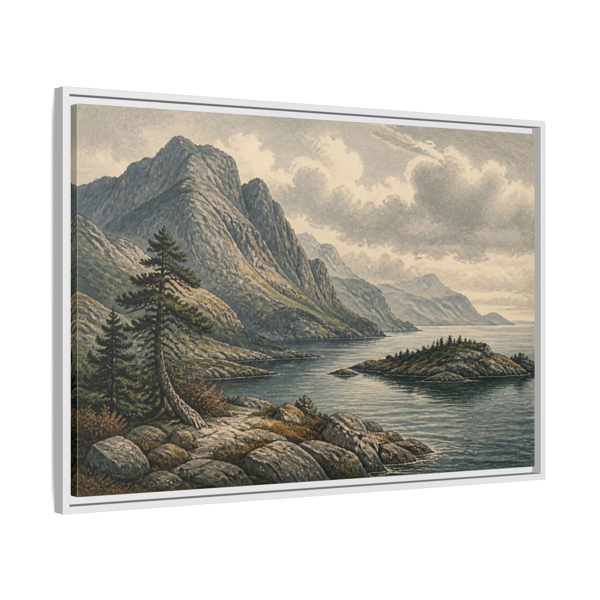 Side Mockup 9. Coastal Mountain Landscape shown as framed canvas print