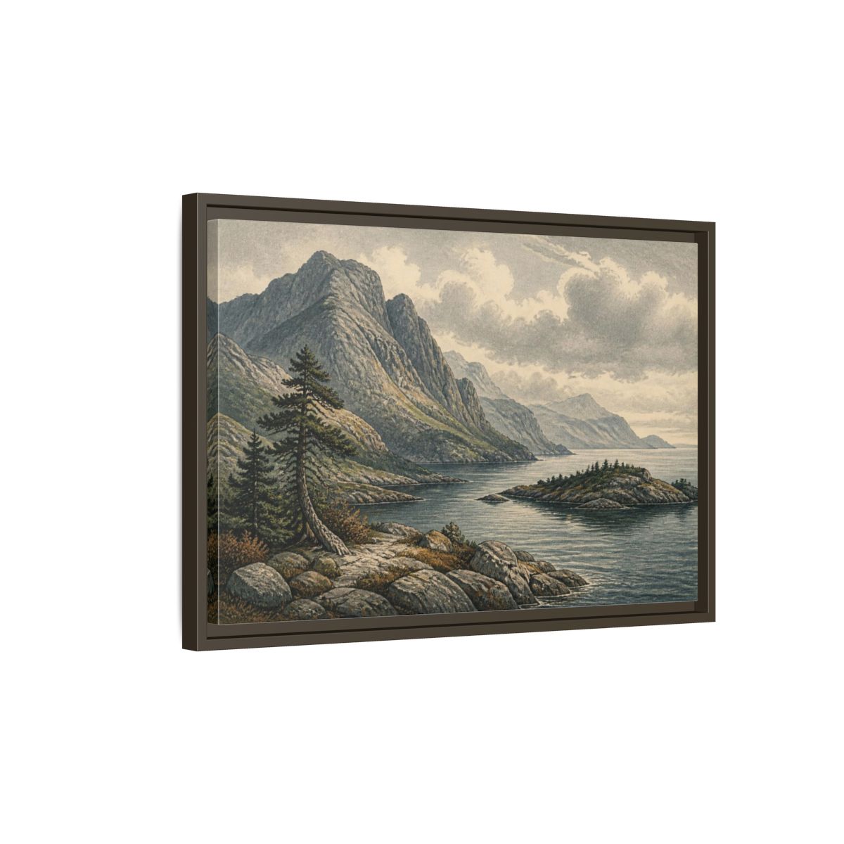 Side Mockup 2. Coastal Mountain Landscape shown as framed canvas print