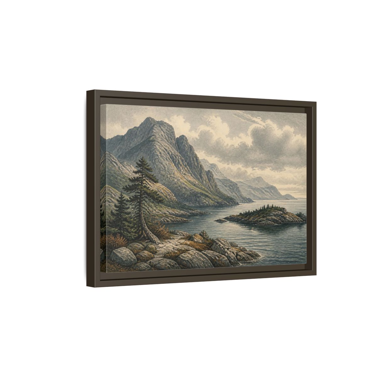 Side Mockup 5. Coastal Mountain Landscape shown as framed canvas print