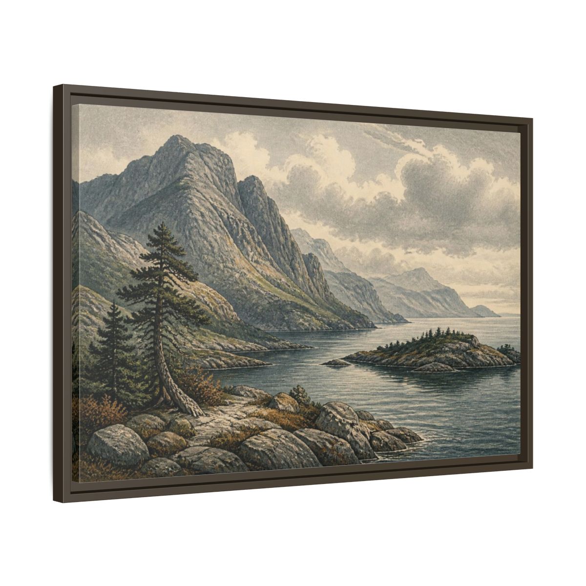 Side Mockup 11. Coastal Mountain Landscape shown as framed canvas print