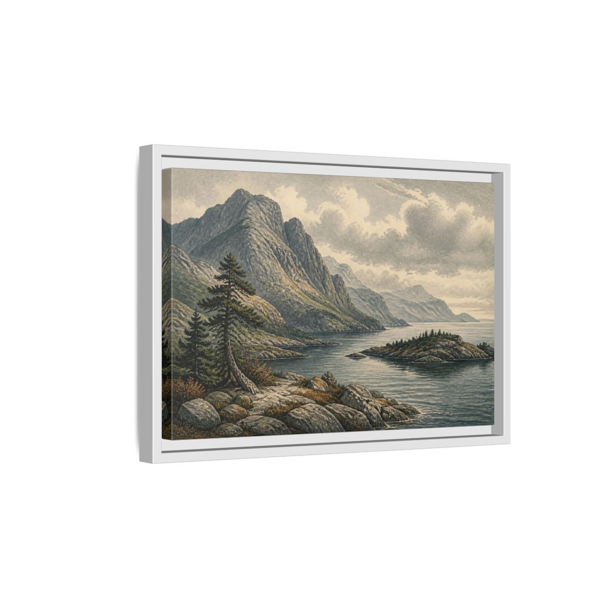 Side Mockup 4. Coastal Mountain Landscape shown as framed canvas print