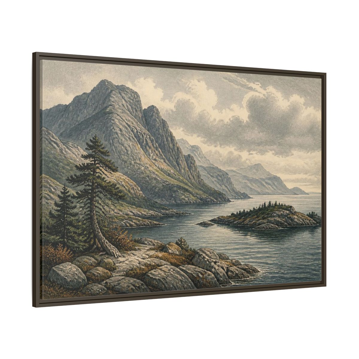 Side Mockup 8. Coastal Mountain Landscape shown as framed canvas print