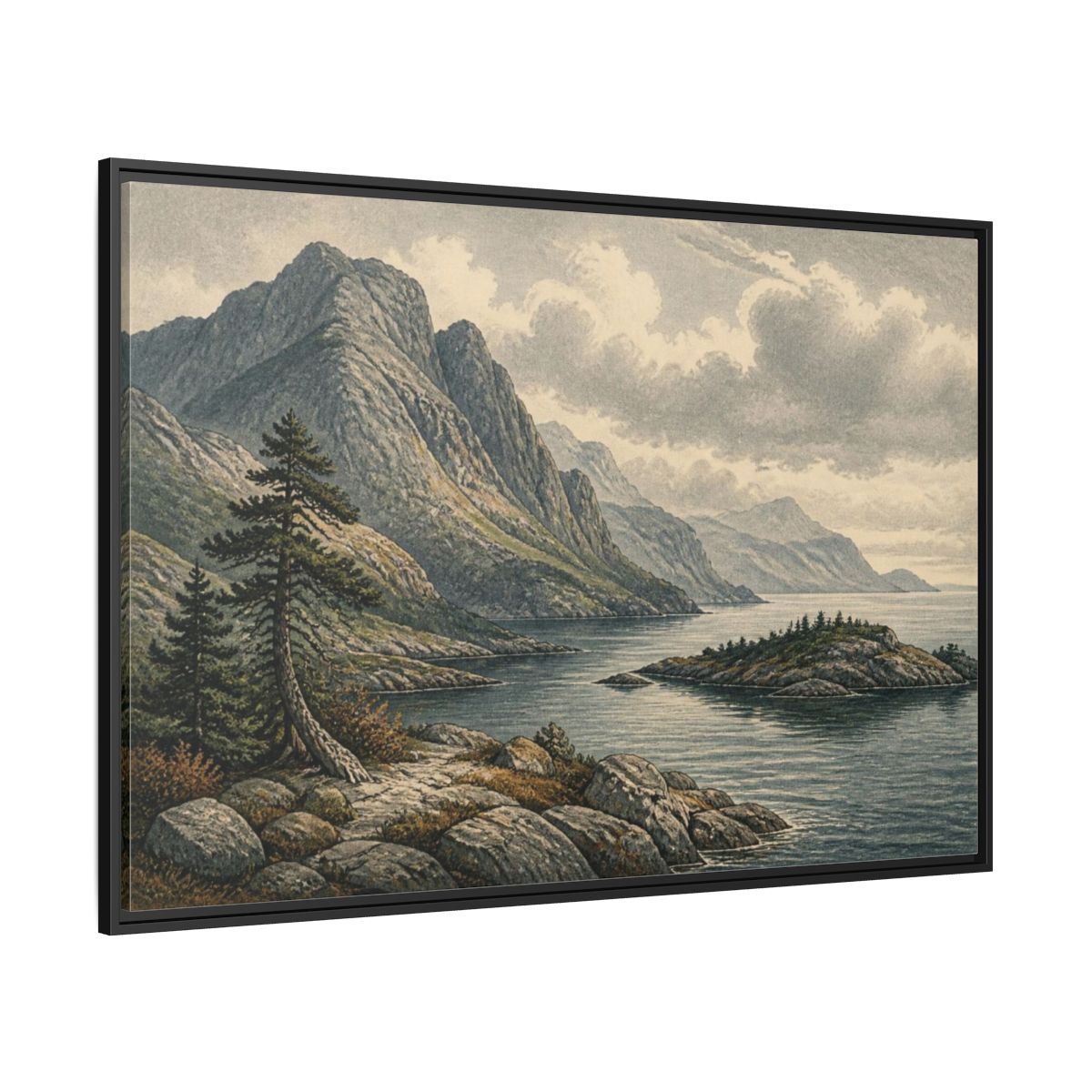Side Mockup 12. Coastal Mountain Landscape shown as framed canvas print