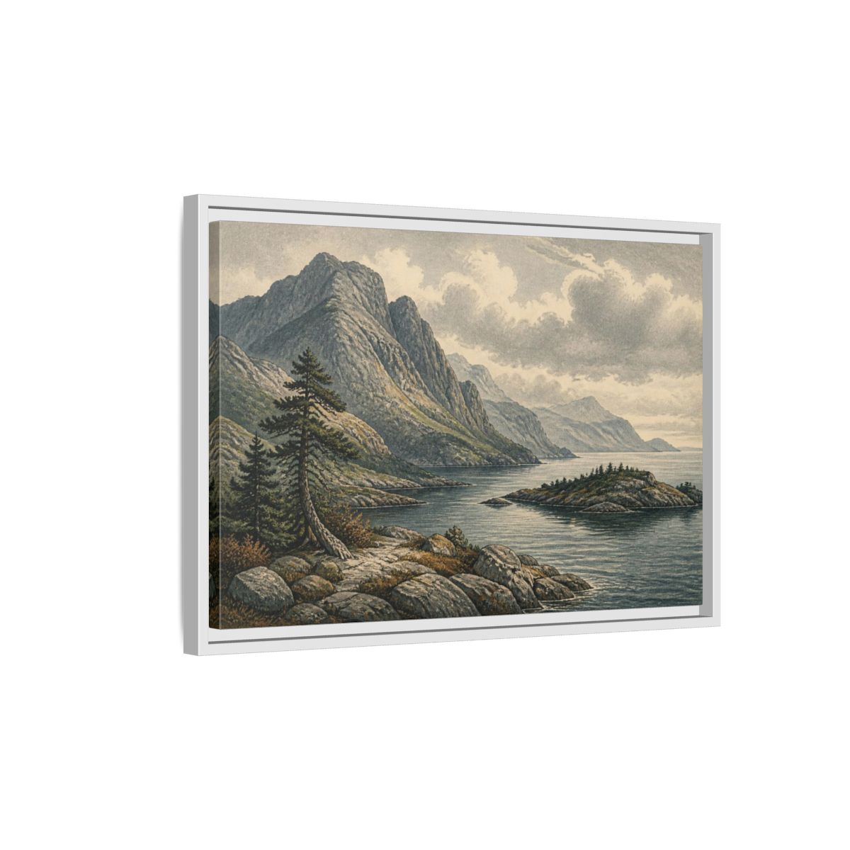 Side Mockup 1. Coastal Mountain Landscape shown as framed canvas print