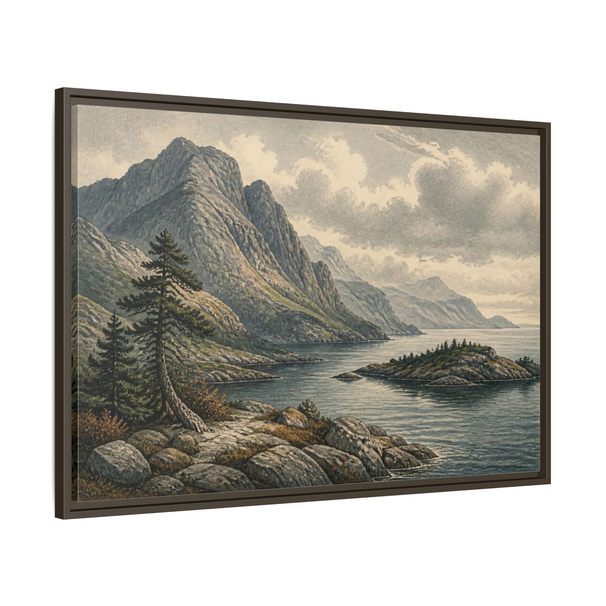 Main Mockup. Coastal Mountain Landscape shown as framed canvas print