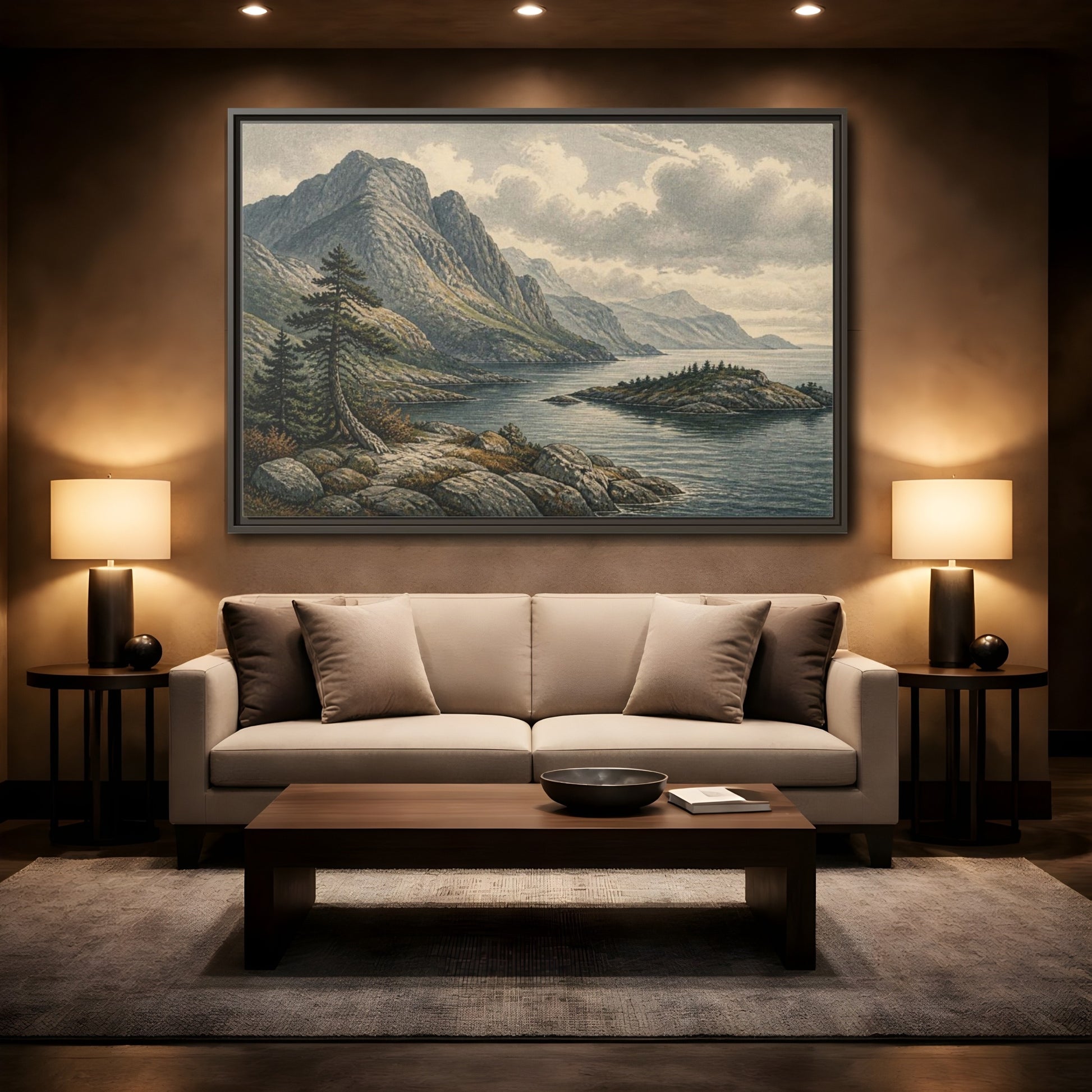 Mockup 2. Coastal Mountain Landscape shown as framed canvas print
