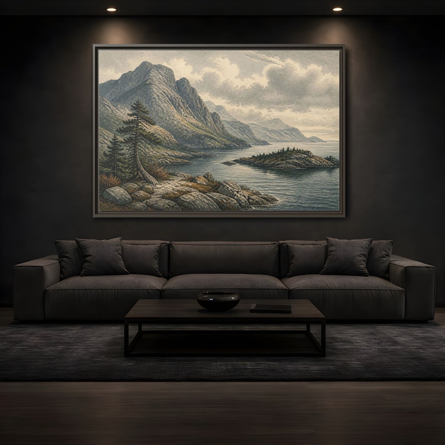 Mockup 3. Coastal Mountain Landscape shown as framed canvas print