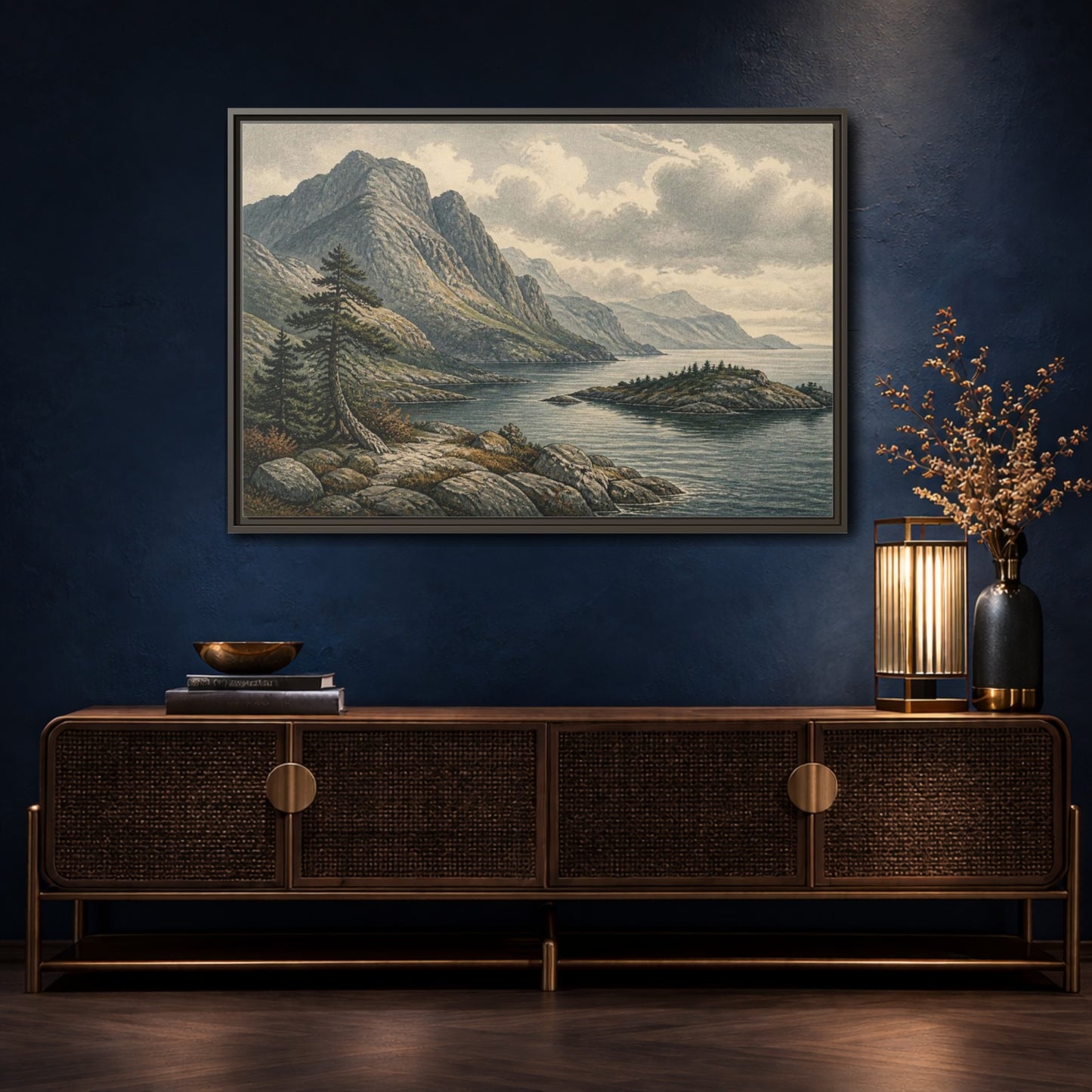 Mockup 4. Coastal Mountain Landscape shown as framed canvas print