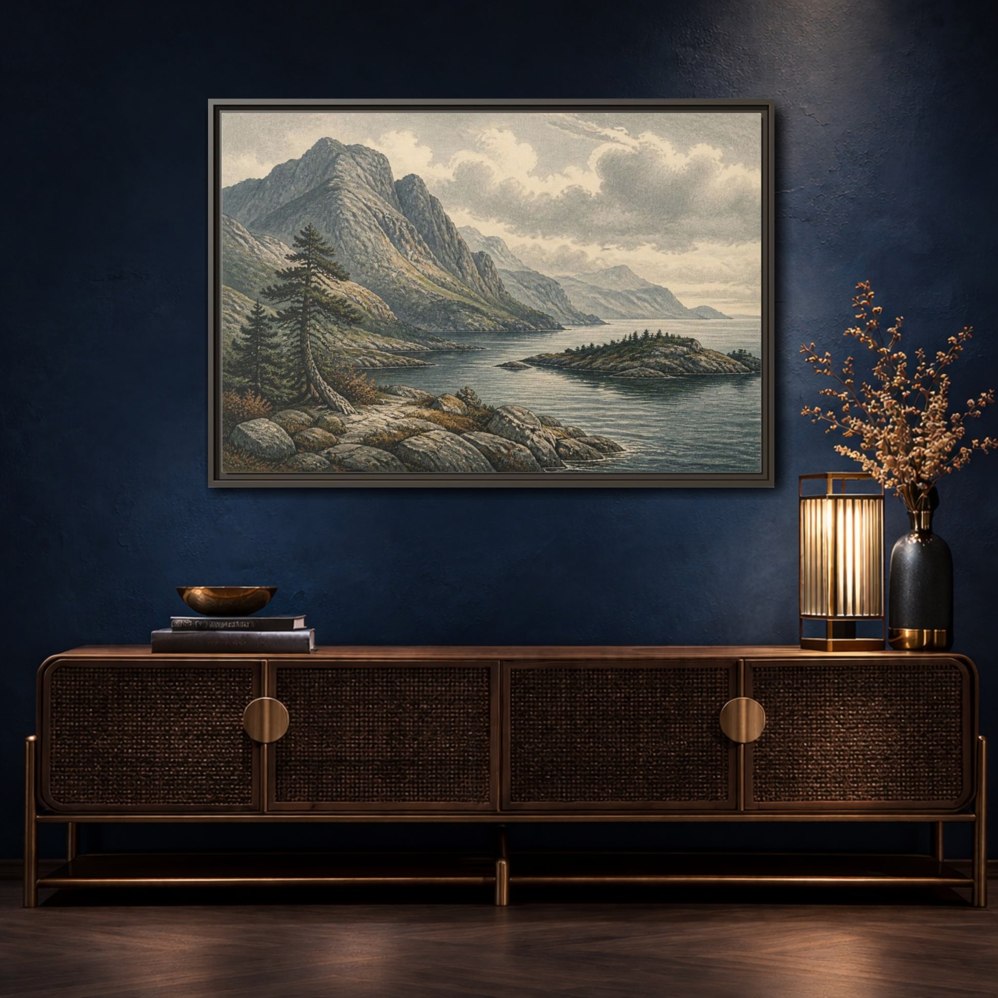 Mockup 4. Coastal Mountain Landscape shown as framed canvas print