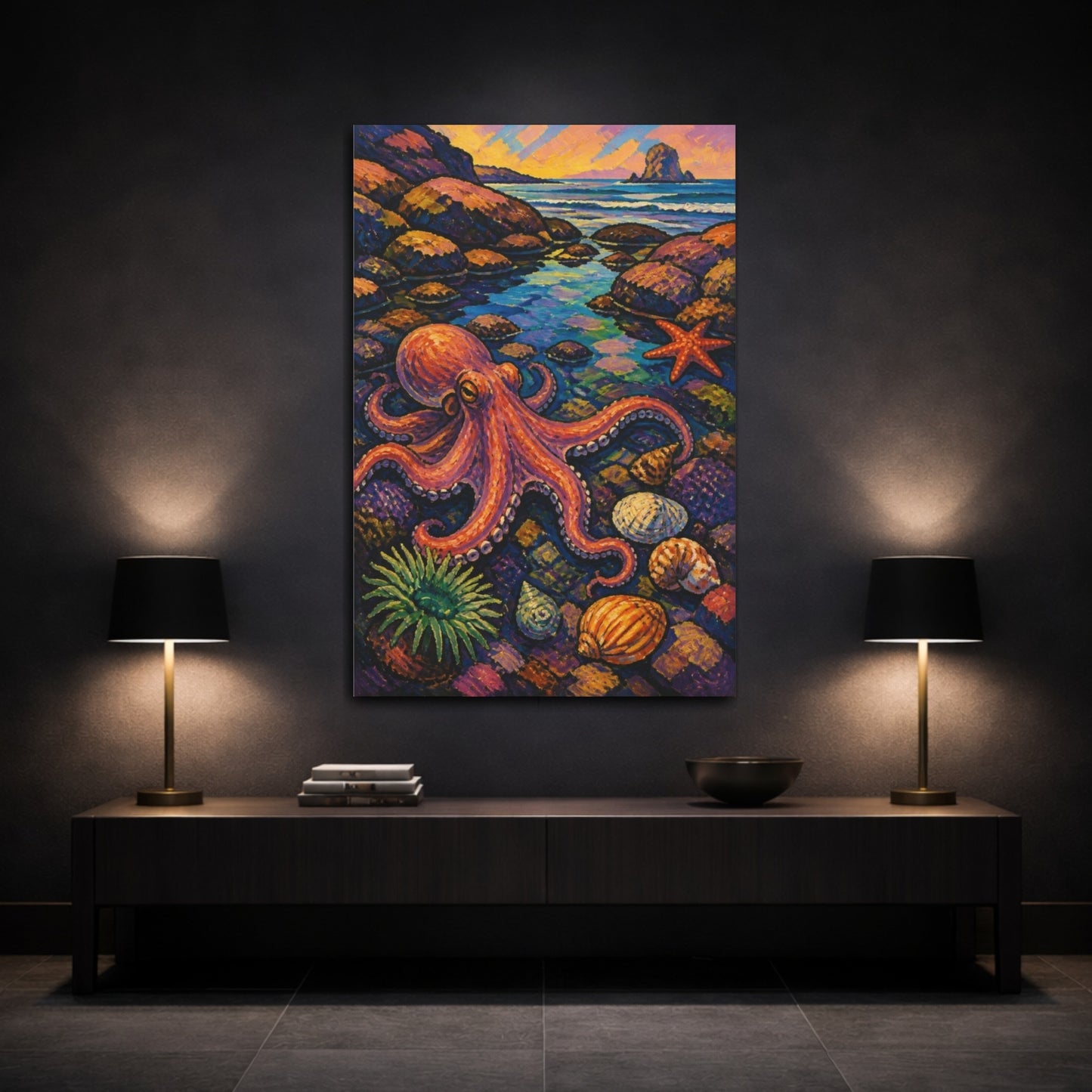 Mockup 3. Coastal Octopus Tidepool shown as canvas print
