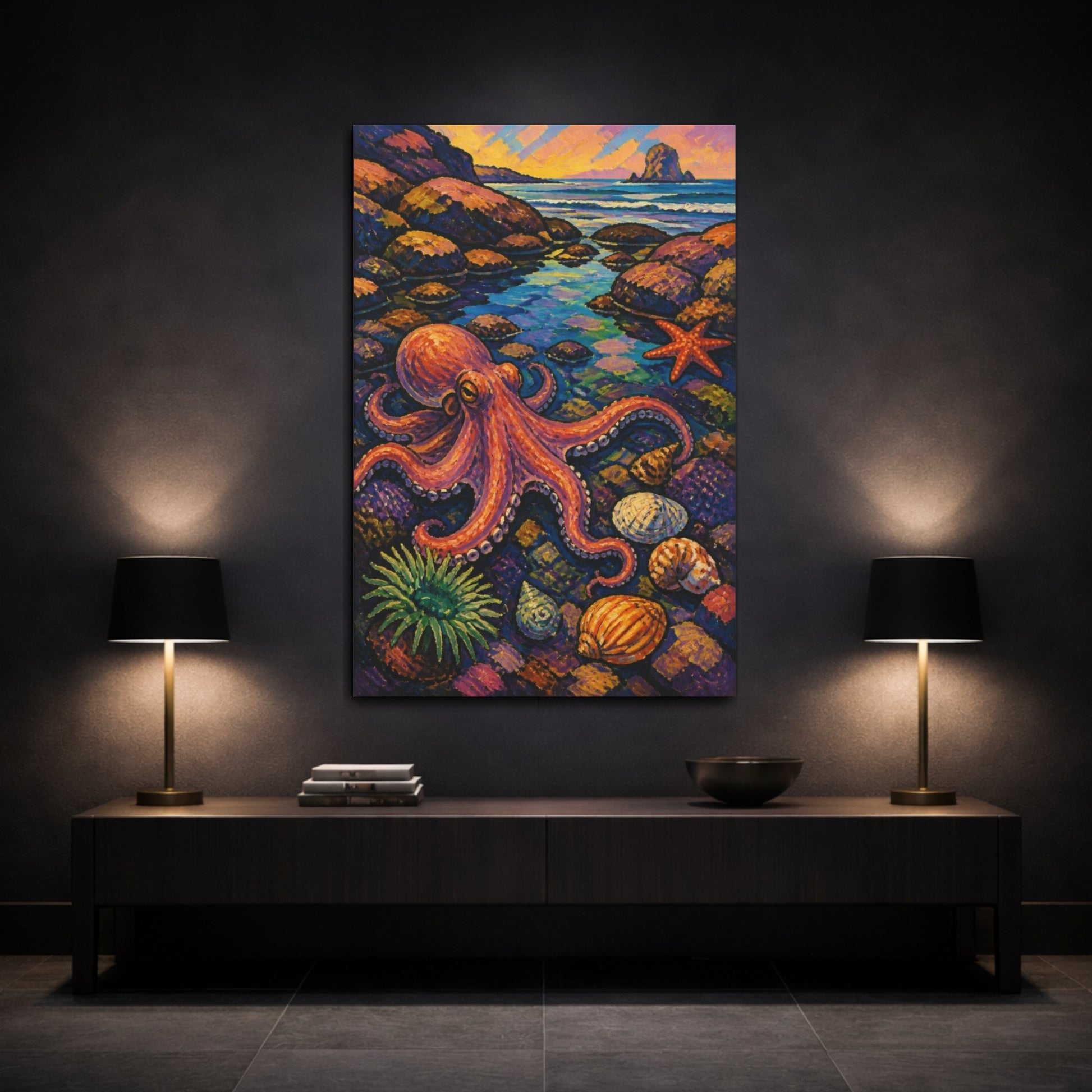 Mockup 3. Coastal Octopus Tidepool shown as canvas print