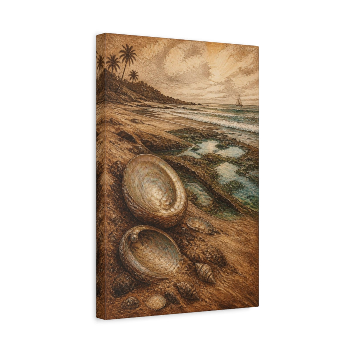 Side Mockup 4. Coastal Pearl Shells shown as canvas print
