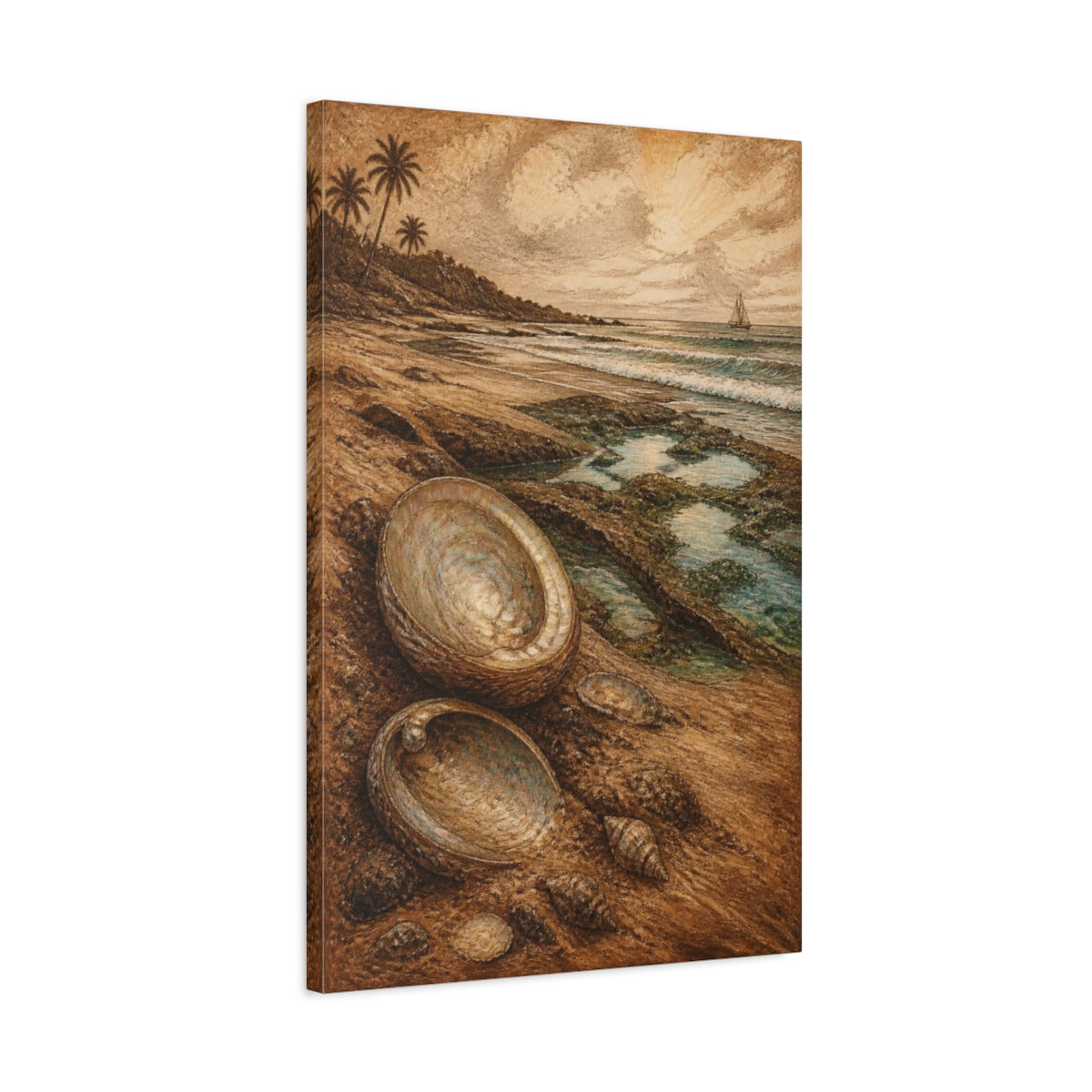 Side Mockup 2. Coastal Pearl Shells shown as canvas print