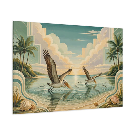 Coastal Pelicans At Sunset Canvas Print Wall Art – Living Room Decor, Above Couch - YesArtYes