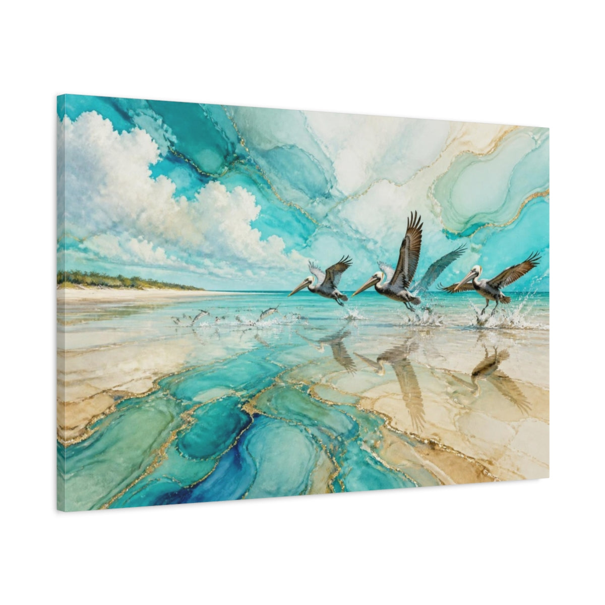 Main Mockup. Coastal Pelicans In Flight shown as canvas print