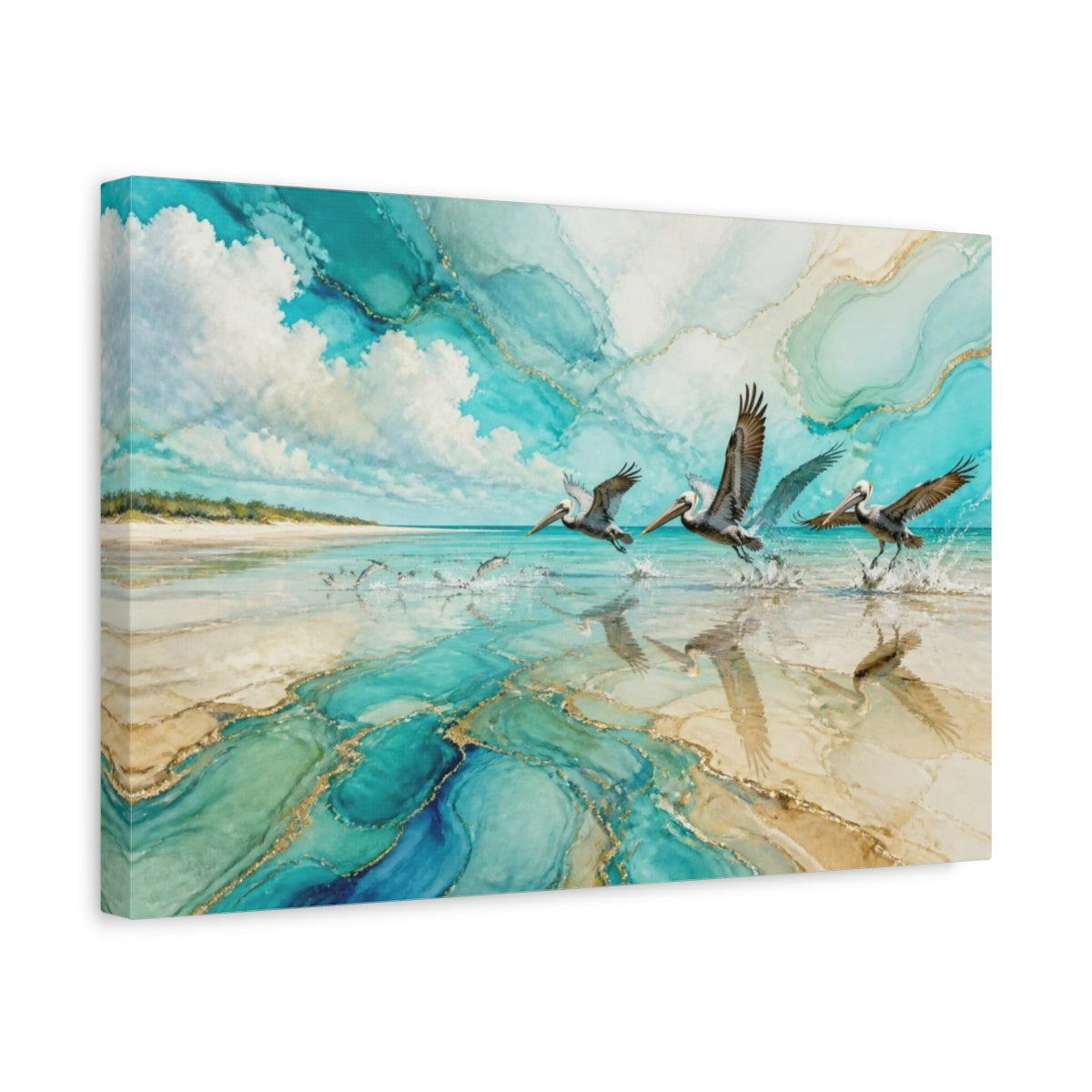 Side Mockup 4. Coastal Pelicans In Flight shown as canvas print