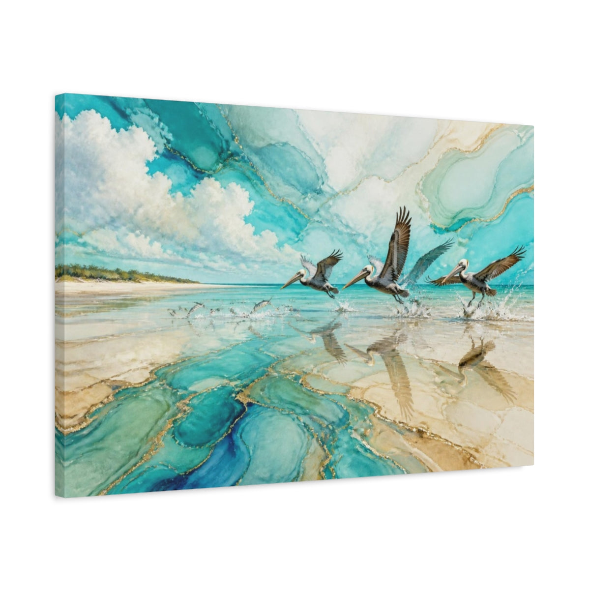 Side Mockup 2. Coastal Pelicans In Flight shown as canvas print