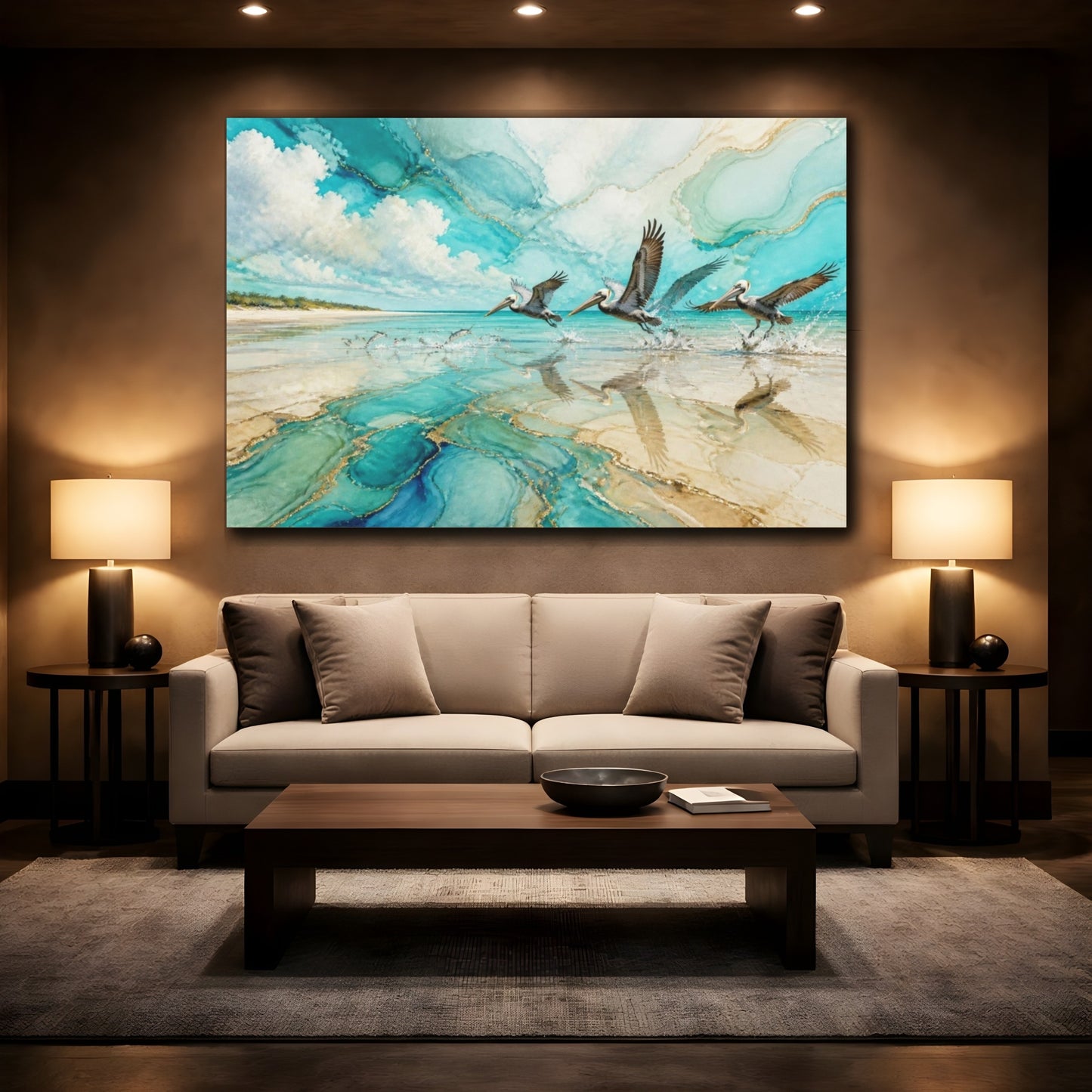 Mockup 2. Coastal Pelicans In Flight shown as canvas print
