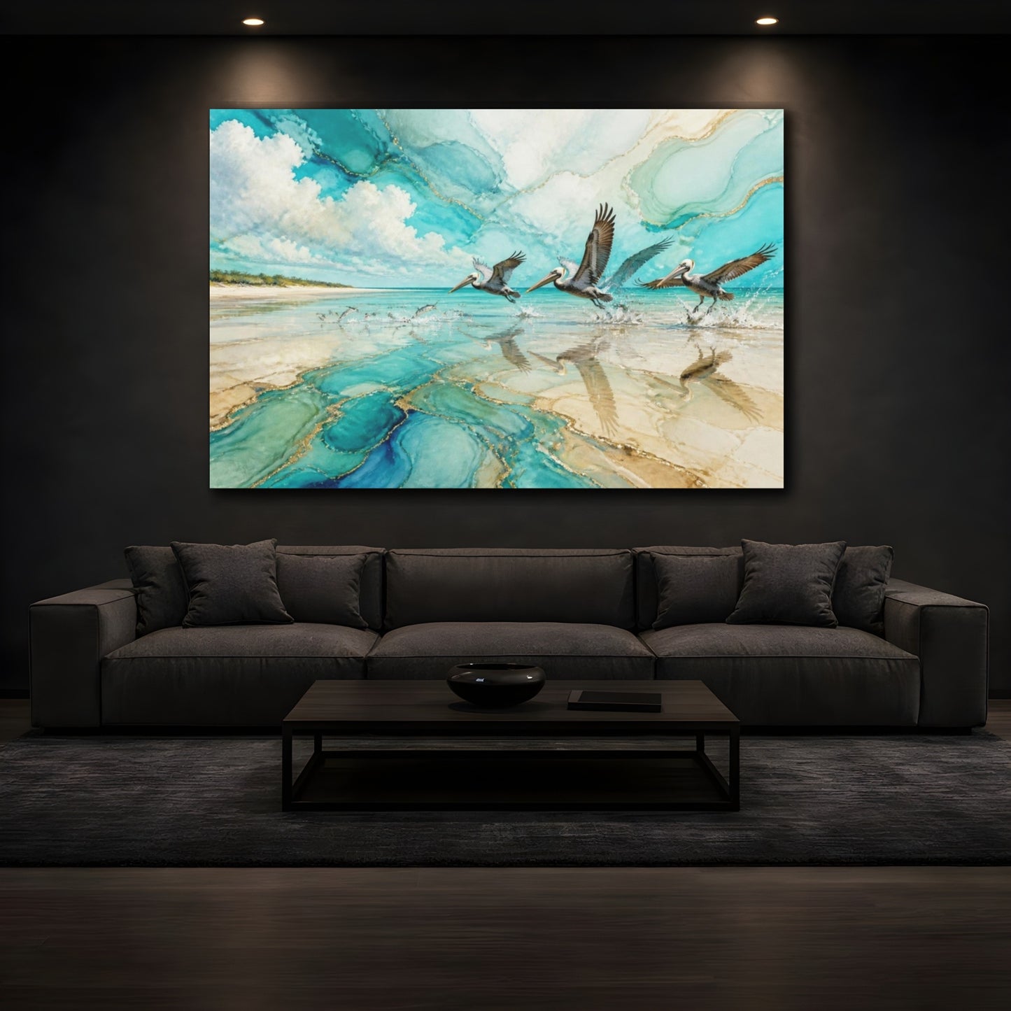 Mockup 3. Coastal Pelicans In Flight shown as canvas print
