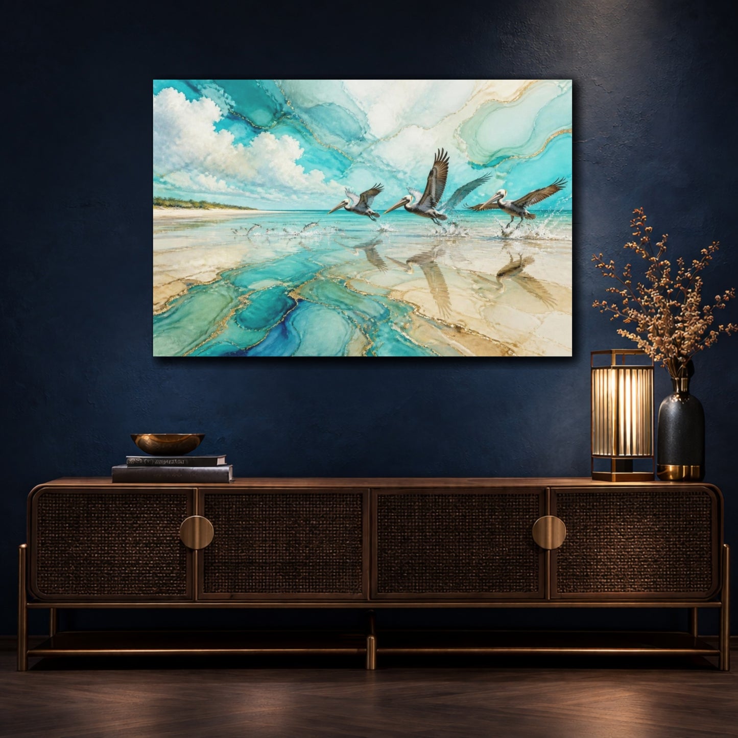 Mockup 4. Coastal Pelicans In Flight shown as canvas print
