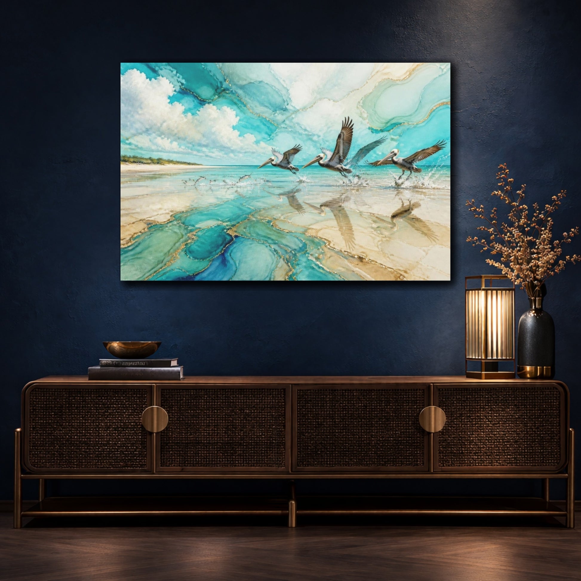 Mockup 4. Coastal Pelicans In Flight shown as canvas print
