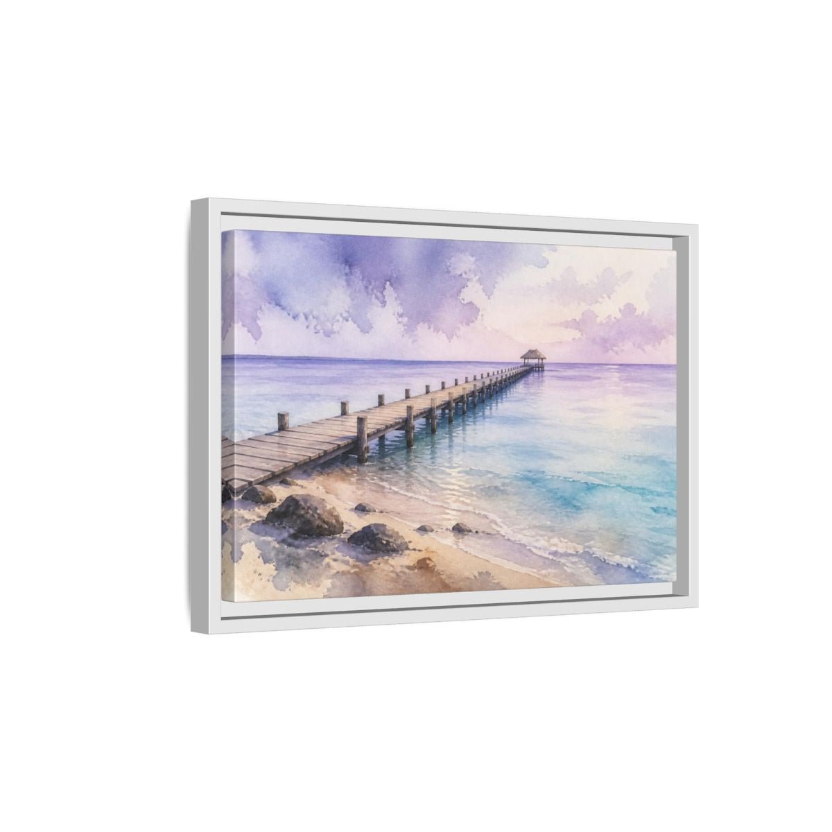 Side Mockup 4. Coastal Pier At Lavender Horizon shown as framed canvas print