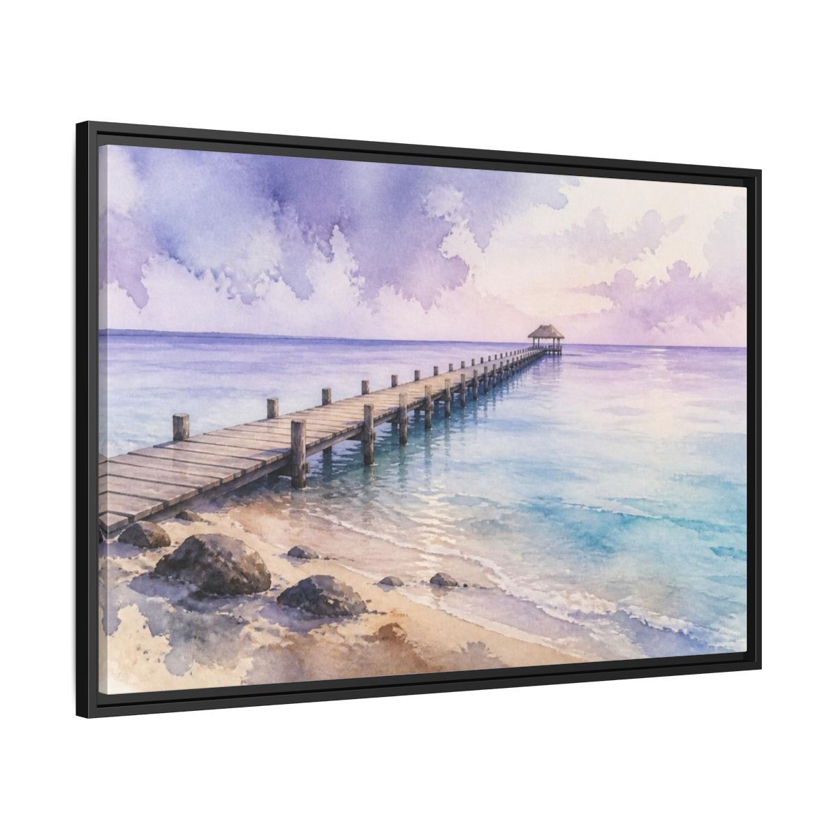 Side Mockup 13. Coastal Pier At Lavender Horizon shown as framed canvas print