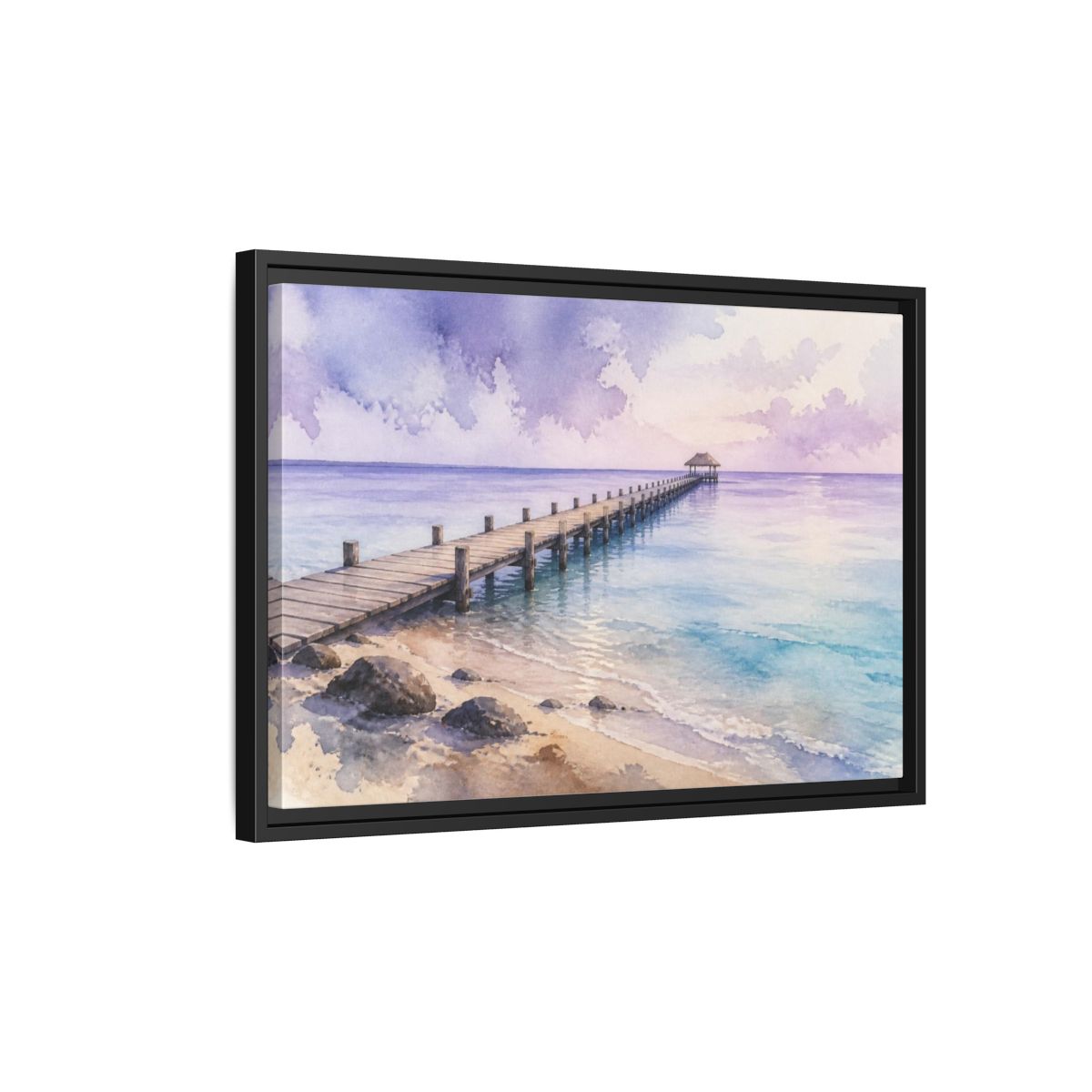 Side Mockup 3. Coastal Pier At Lavender Horizon shown as framed canvas print