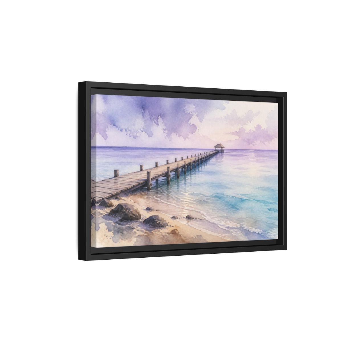 Side Mockup 6. Coastal Pier At Lavender Horizon shown as framed canvas print