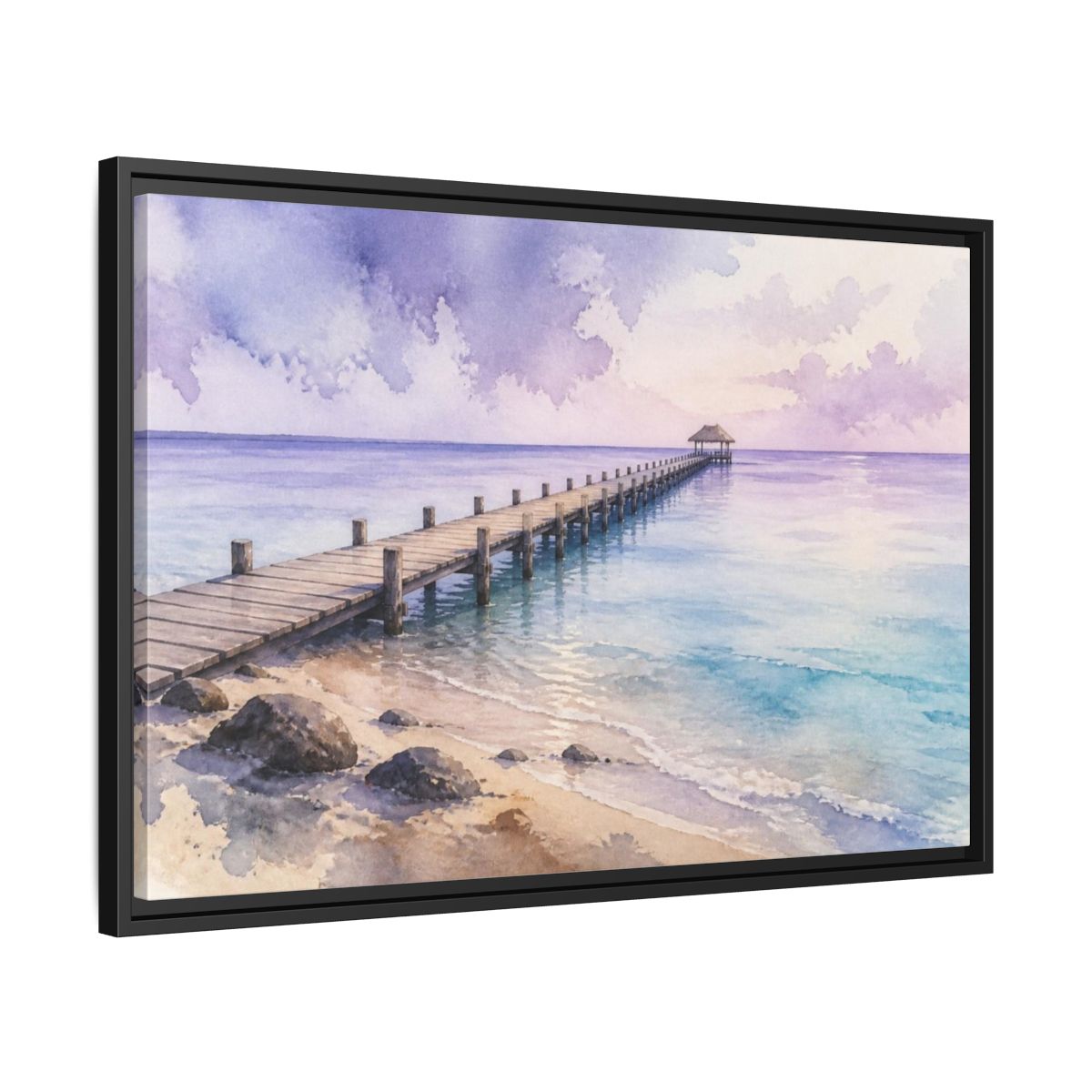 Side Mockup 14. Coastal Pier At Lavender Horizon shown as framed canvas print