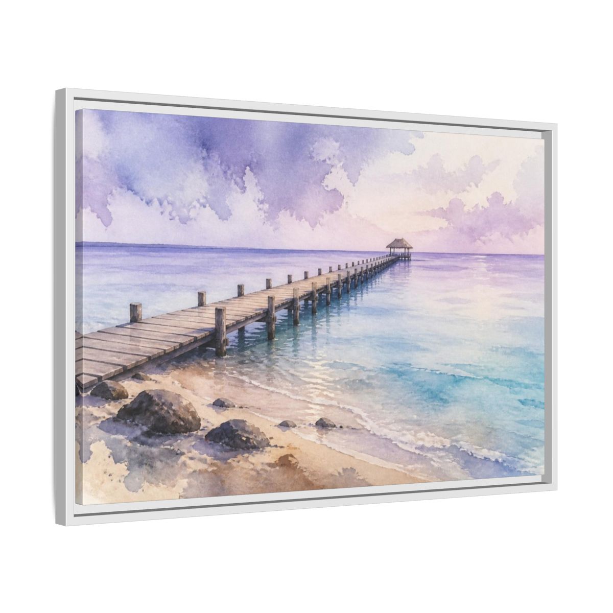 Side Mockup 10. Coastal Pier At Lavender Horizon shown as framed canvas print