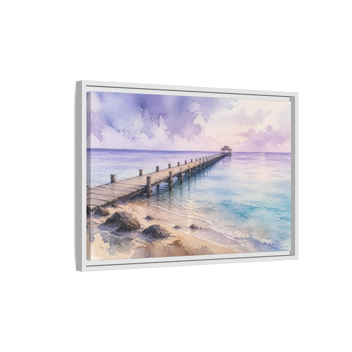 Side Mockup 1. Coastal Pier At Lavender Horizon shown as framed canvas print