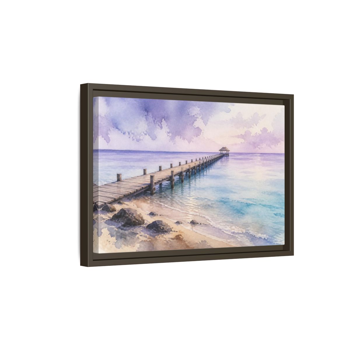 Side Mockup 5. Coastal Pier At Lavender Horizon shown as framed canvas print