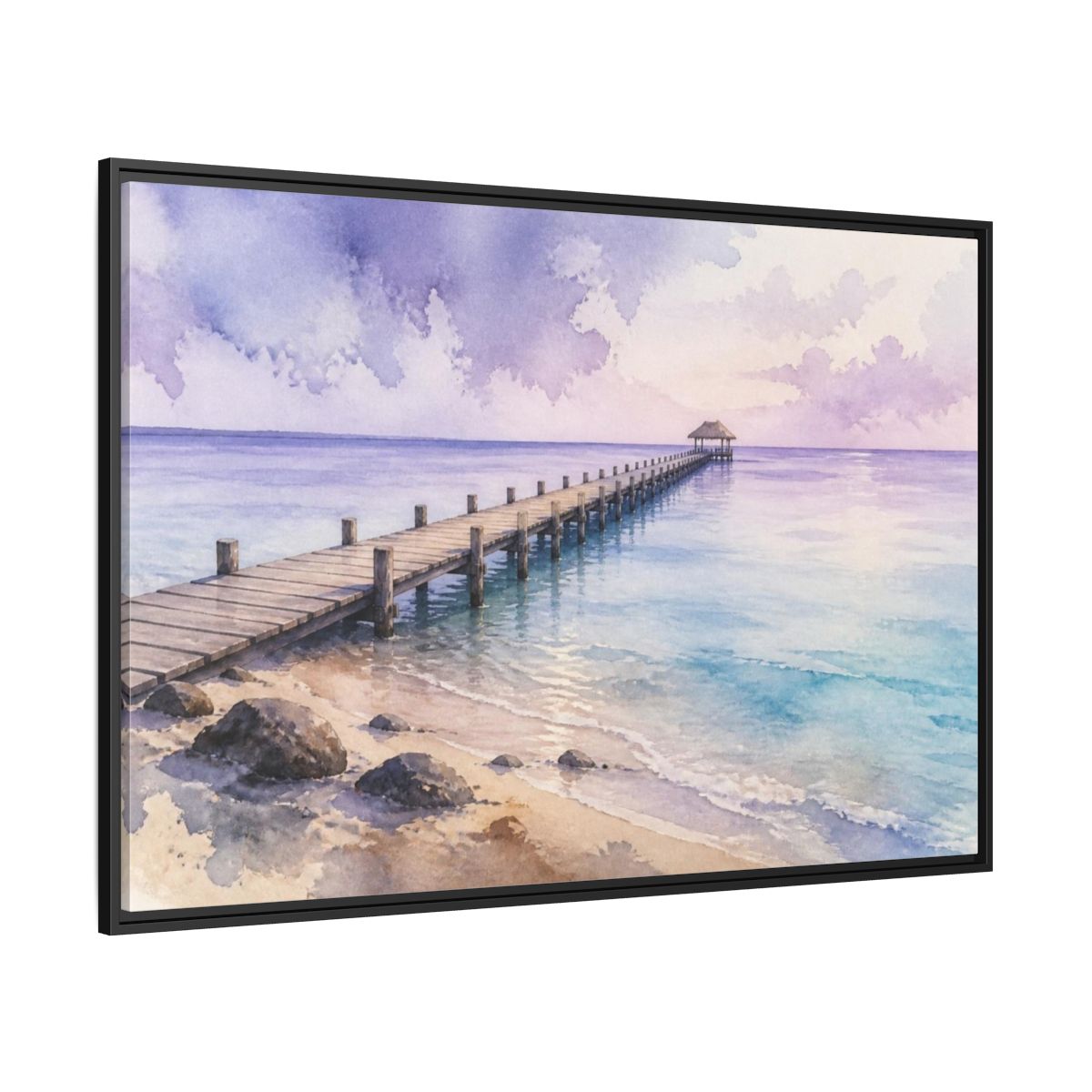 Side Mockup 12. Coastal Pier At Lavender Horizon shown as framed canvas print