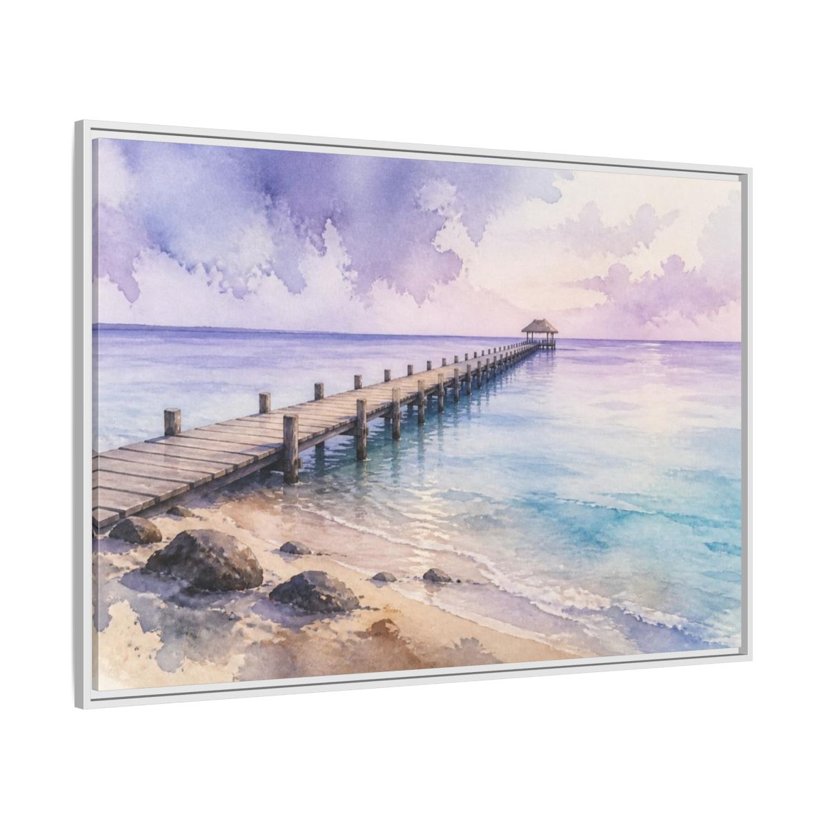 Side Mockup 7. Coastal Pier At Lavender Horizon shown as framed canvas print