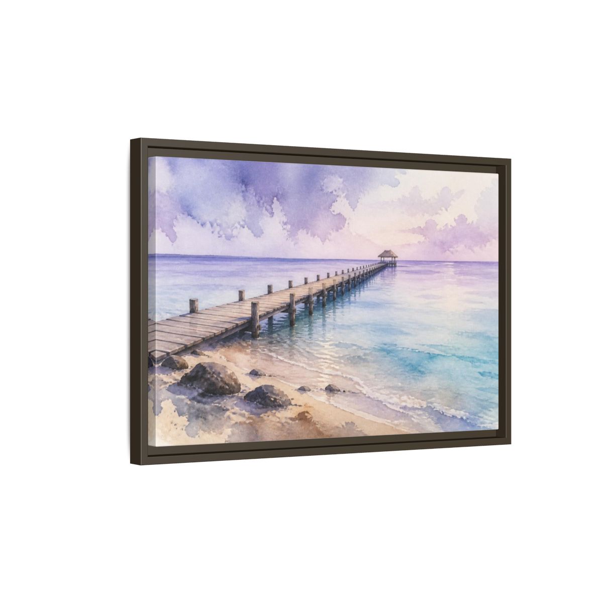 Side Mockup 2. Coastal Pier At Lavender Horizon shown as framed canvas print