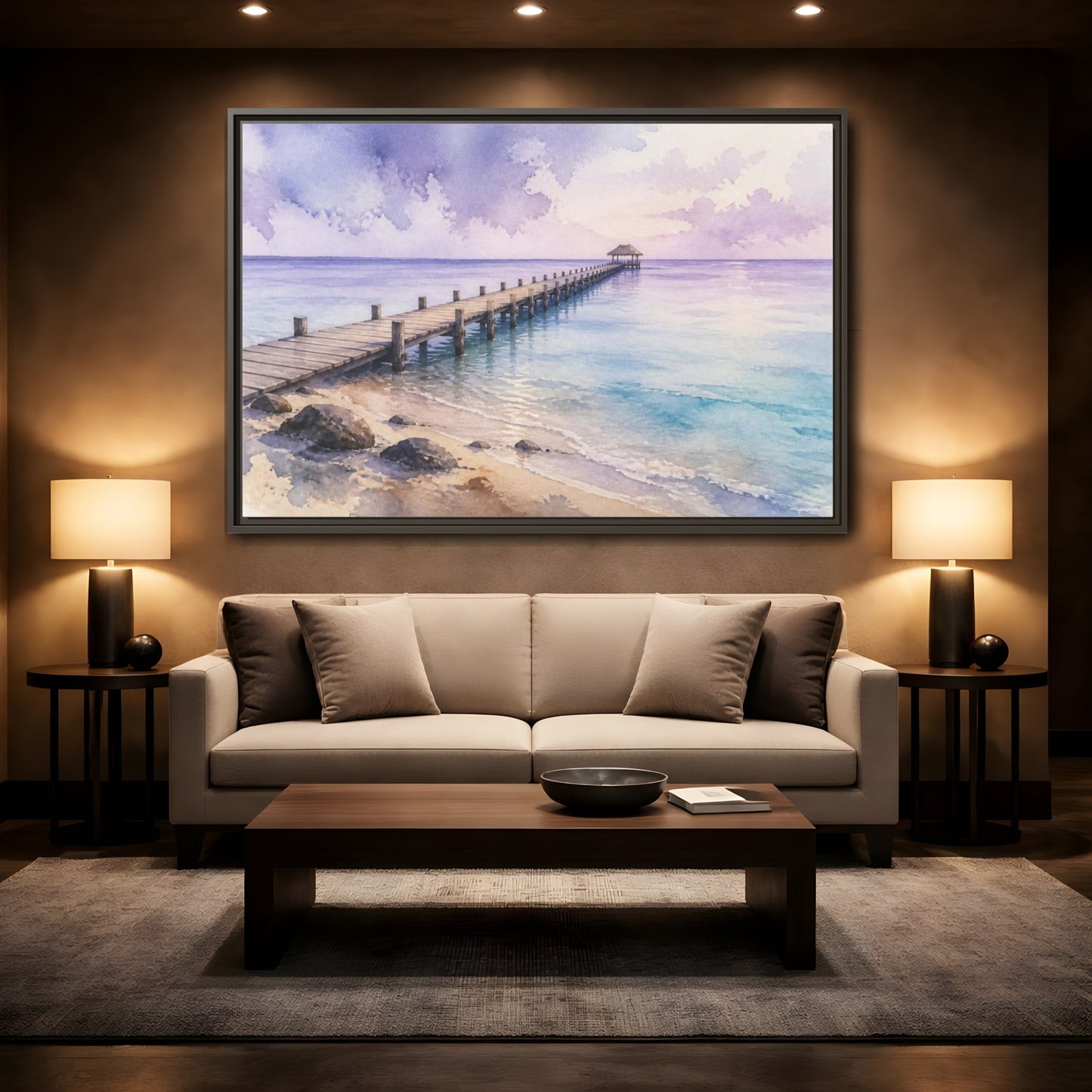 Mockup 2. Coastal Pier At Lavender Horizon shown as framed canvas print