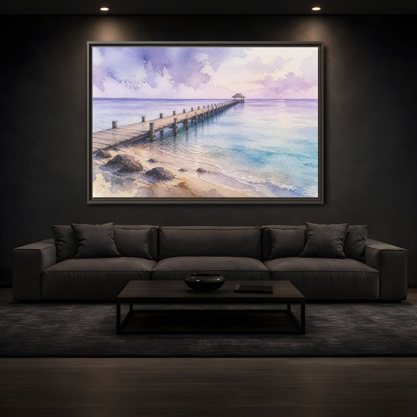 Mockup 3. Coastal Pier At Lavender Horizon shown as framed canvas print