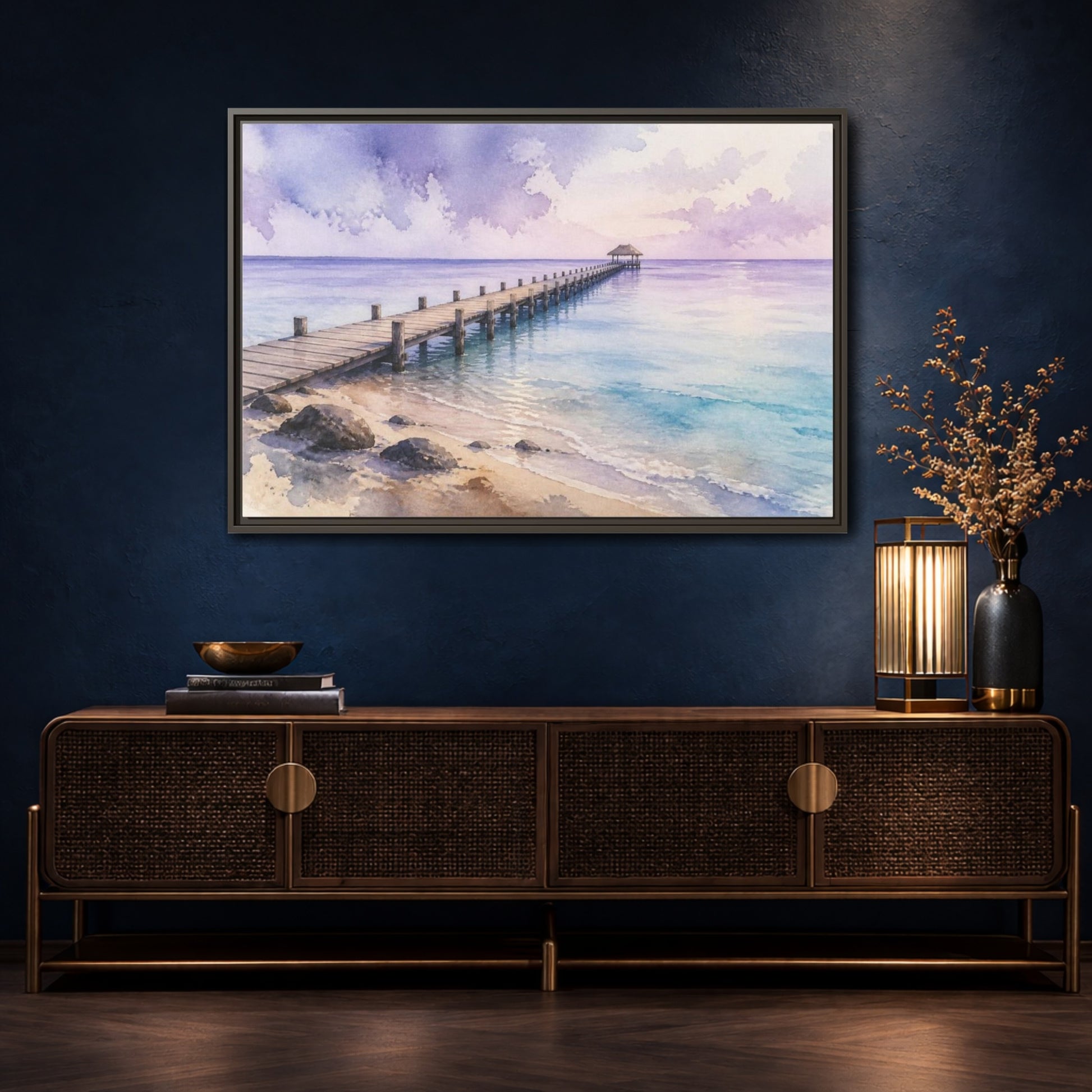Mockup 4. Coastal Pier At Lavender Horizon shown as framed canvas print