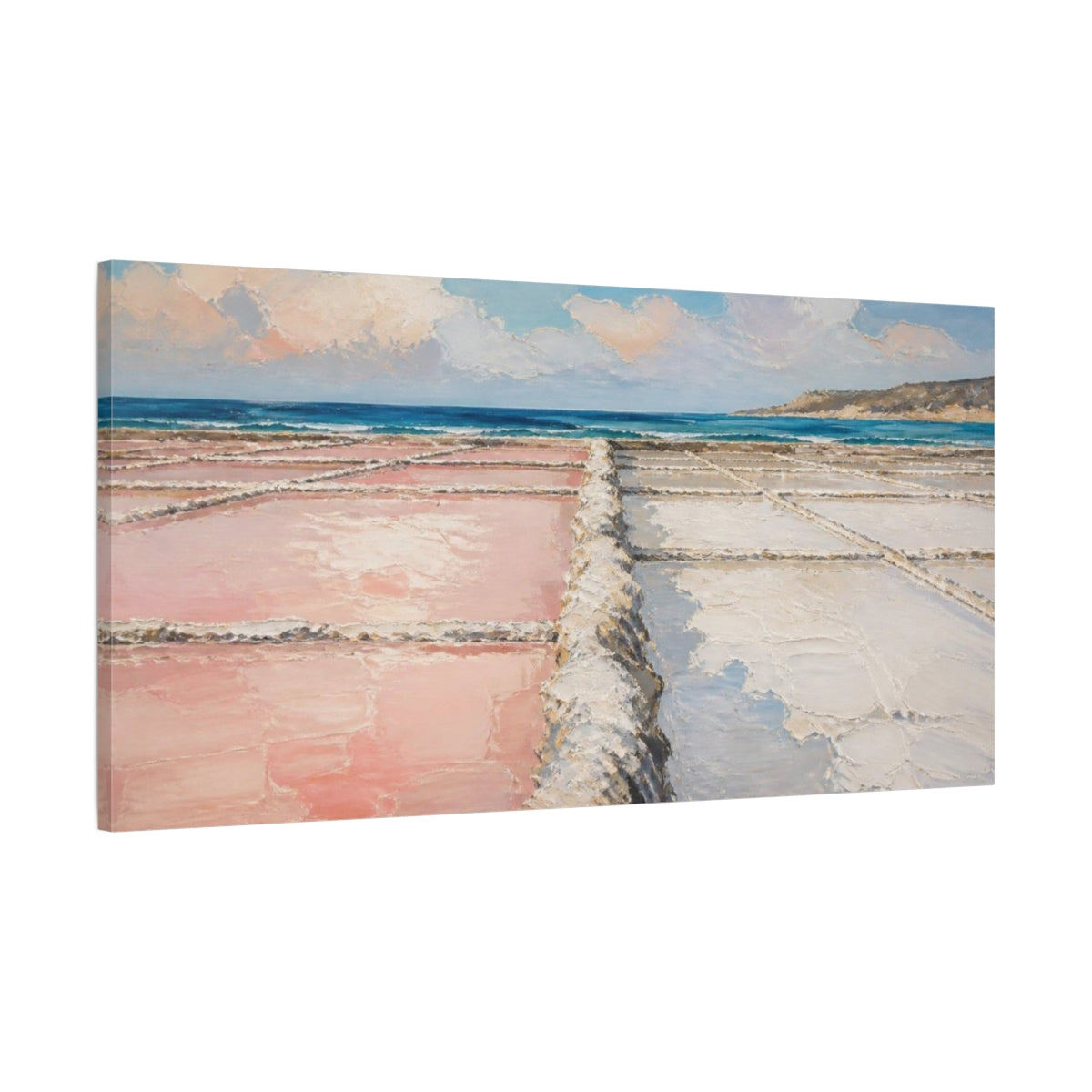 Main Mockup. Coastal Pink Salt Pans shown as canvas print
