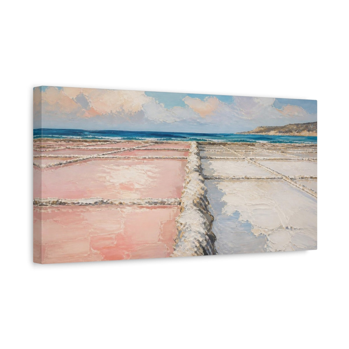 Side Mockup 3. Coastal Pink Salt Pans shown as canvas print