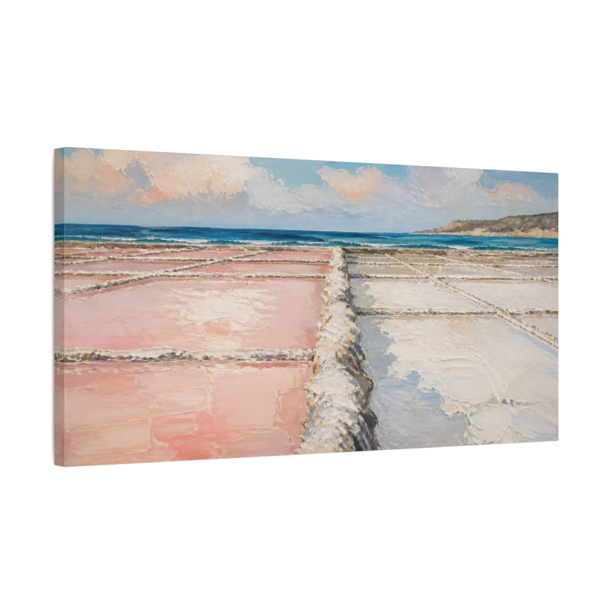 Side Mockup 1. Coastal Pink Salt Pans shown as canvas print