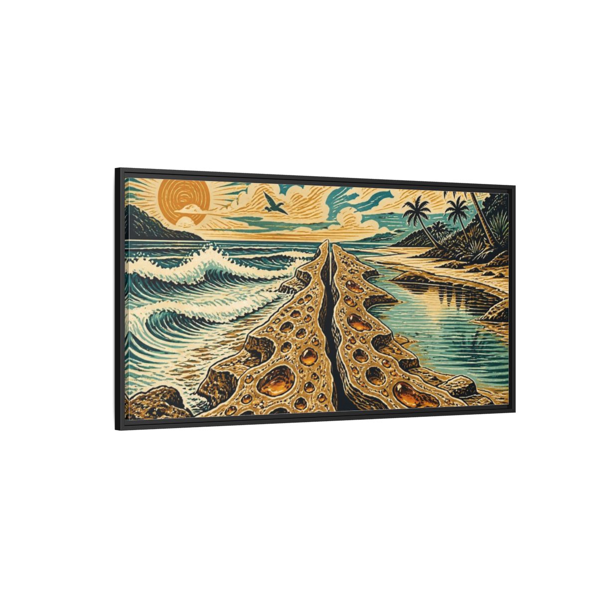 Side Mockup 5. Coastal Rock Formation shown as framed canvas print