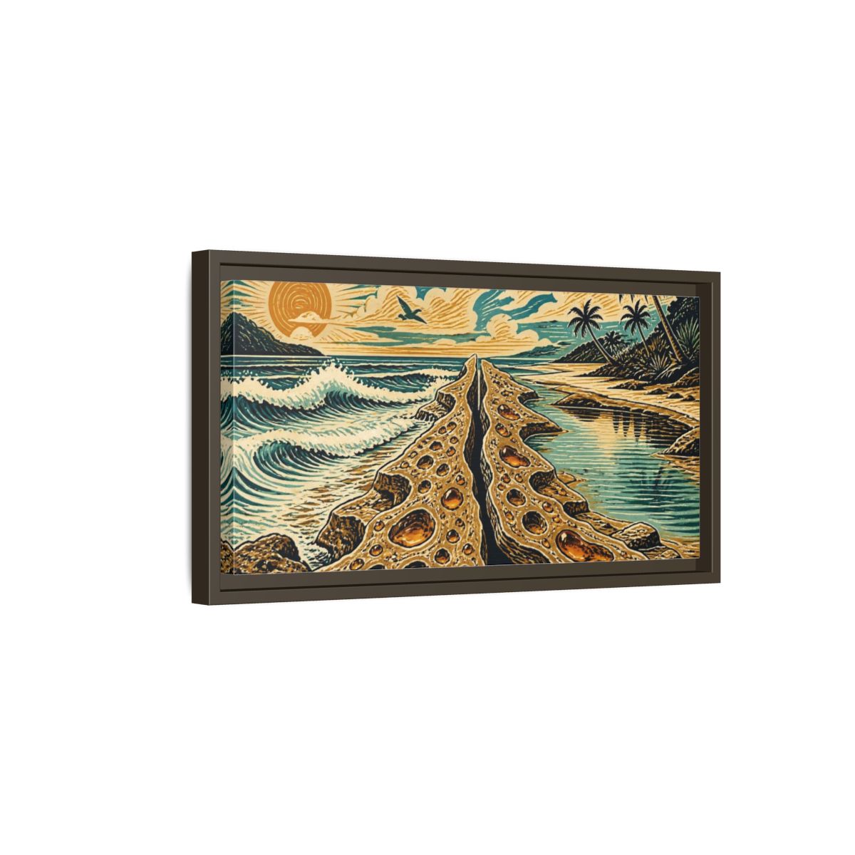 Side Mockup 7. Coastal Rock Formation shown as framed canvas print