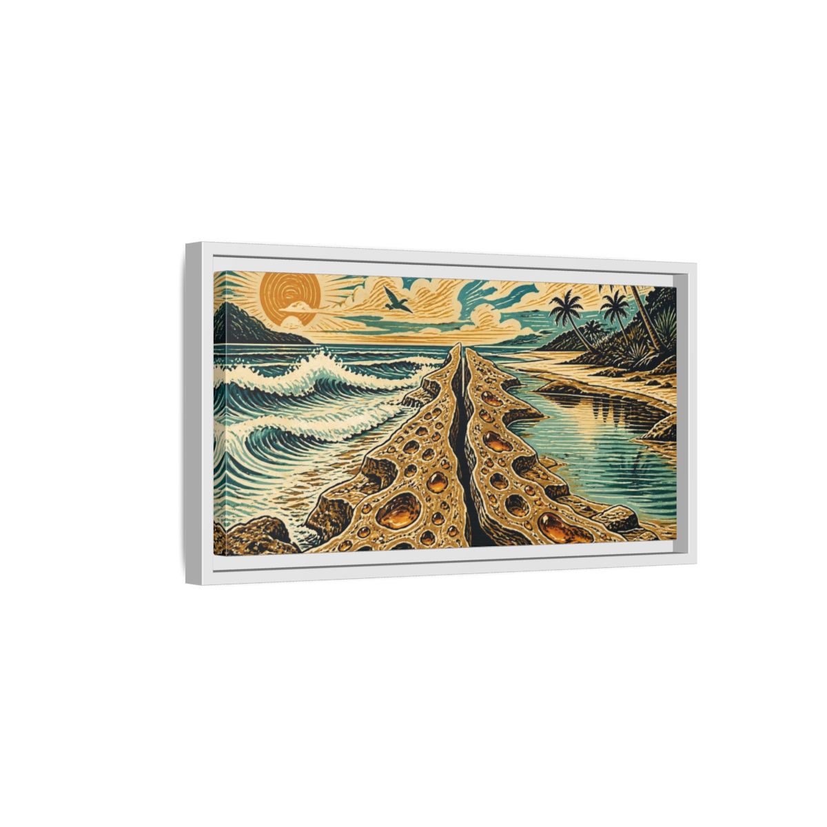Side Mockup 6. Coastal Rock Formation shown as framed canvas print