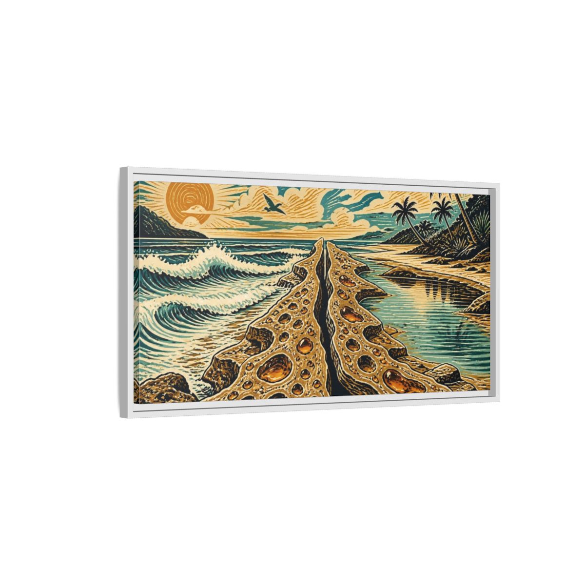 Side Mockup 1. Coastal Rock Formation shown as framed canvas print