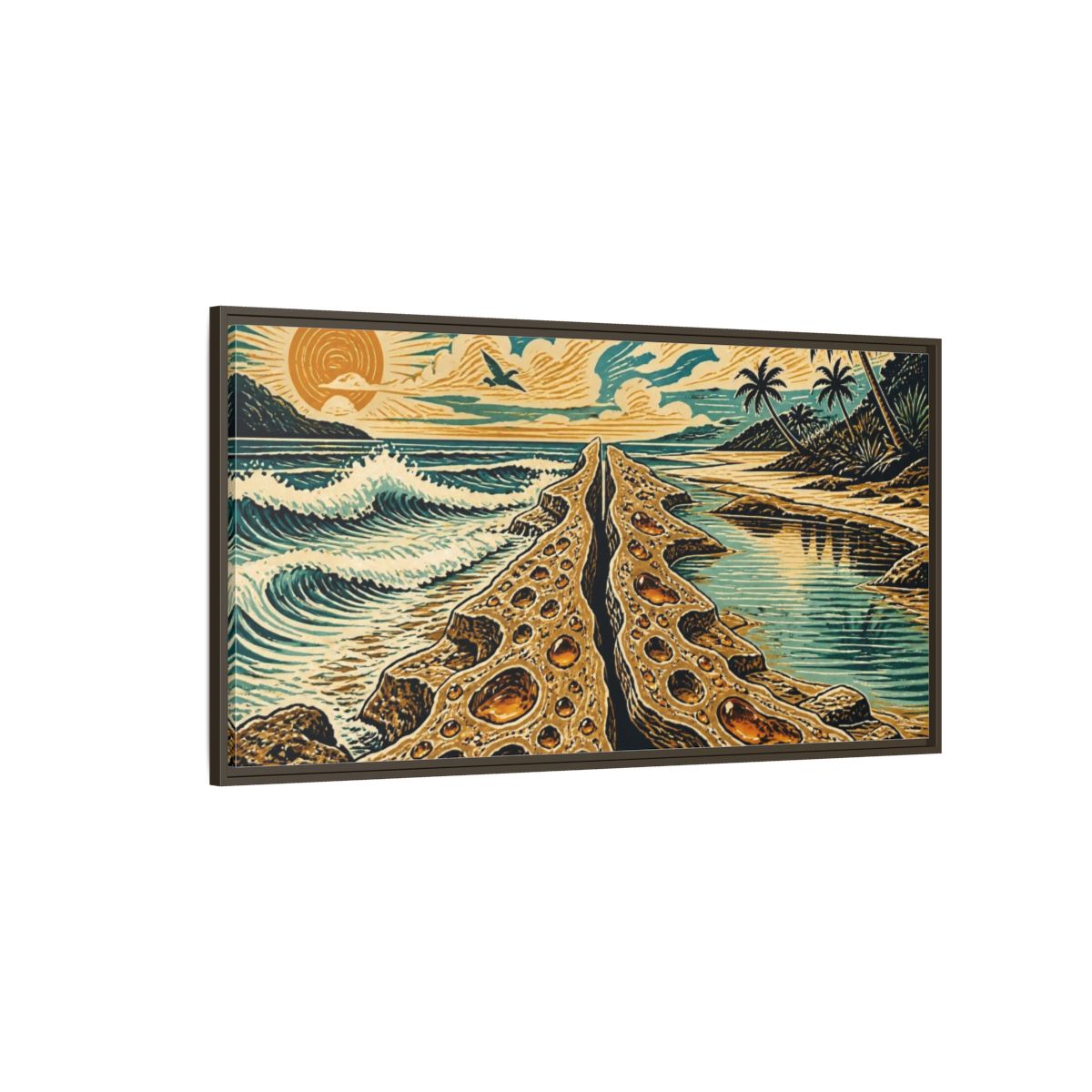 Side Mockup 4. Coastal Rock Formation shown as framed canvas print