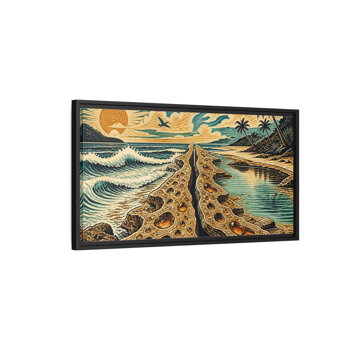 Side Mockup 2. Coastal Rock Formation shown as framed canvas print