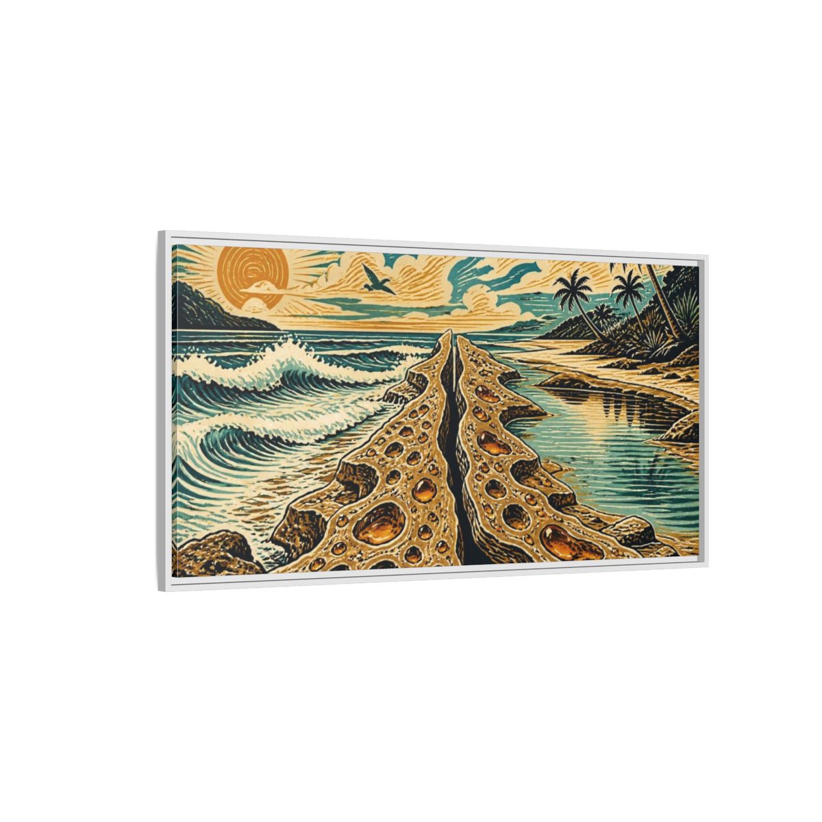 Side Mockup 3. Coastal Rock Formation shown as framed canvas print