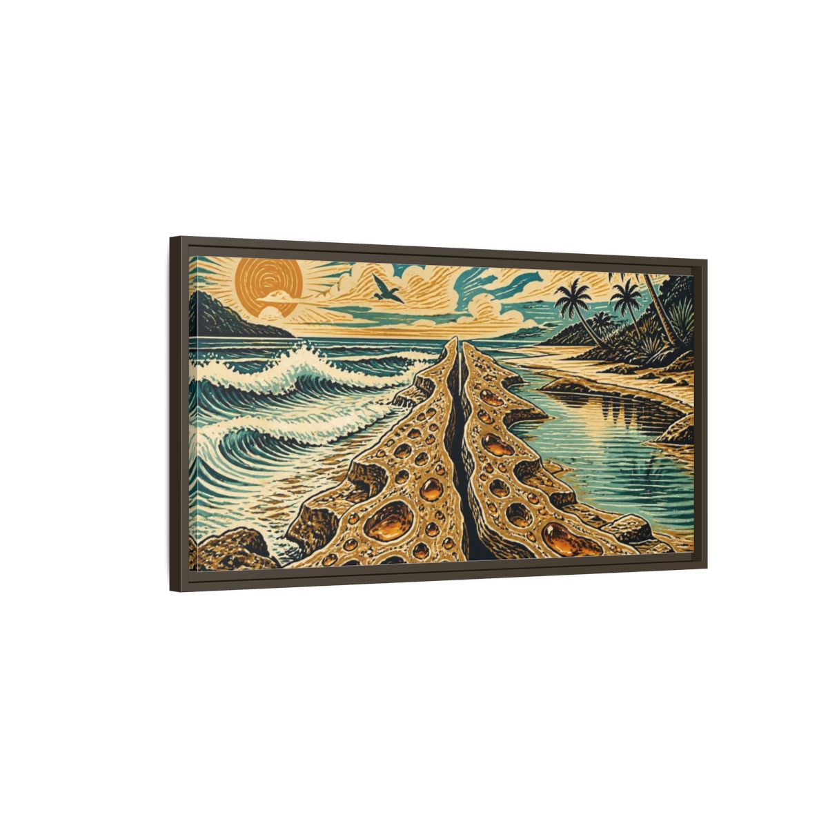 Main Mockup. Coastal Rock Formation shown as framed canvas print